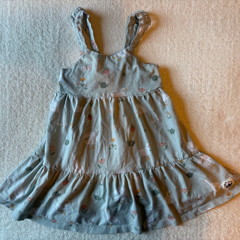 Keedo Sz 3/4 Tiered Dress, Duck Teapot Design. Very soft. Pale green